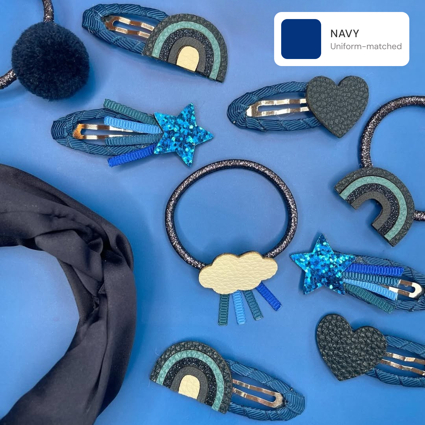 Navy Blue School Hair Clips, Bobble Hair Ties & Headband Set