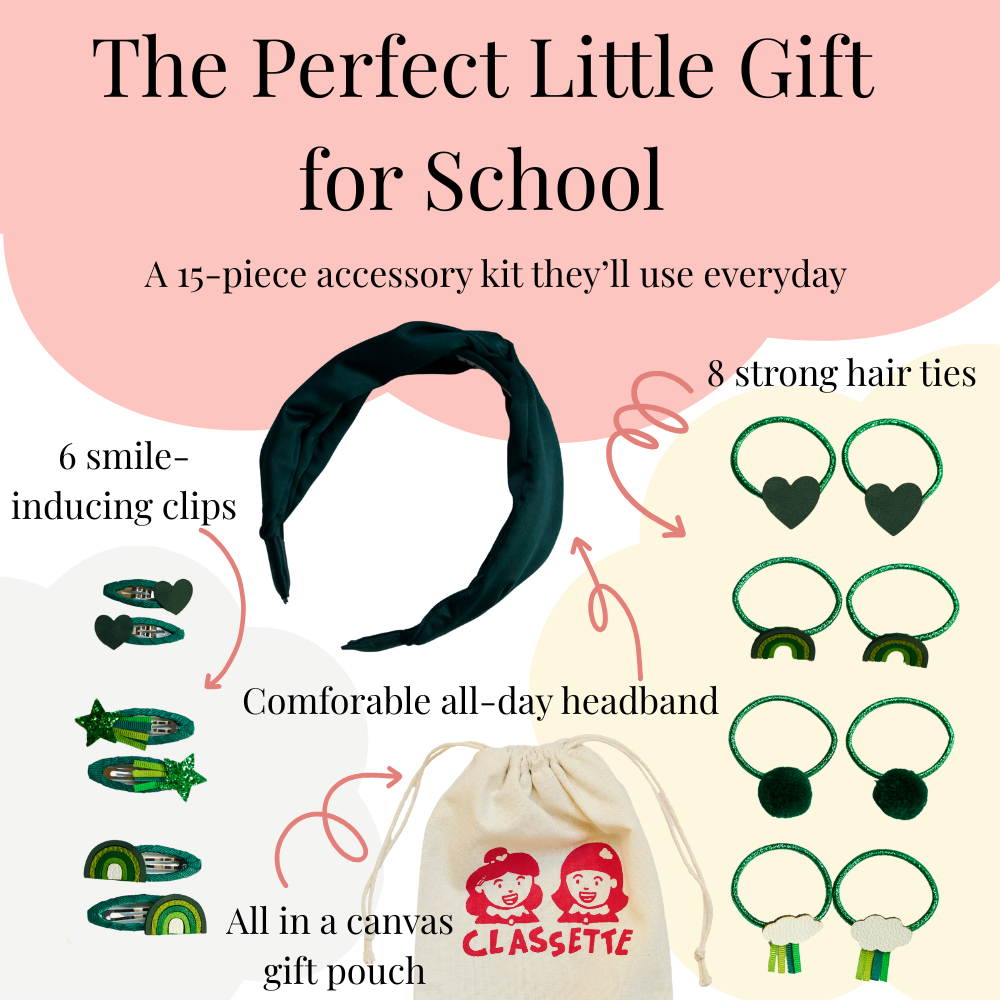 Green School Hair Clips, Bobble Hair Ties & Headband Set