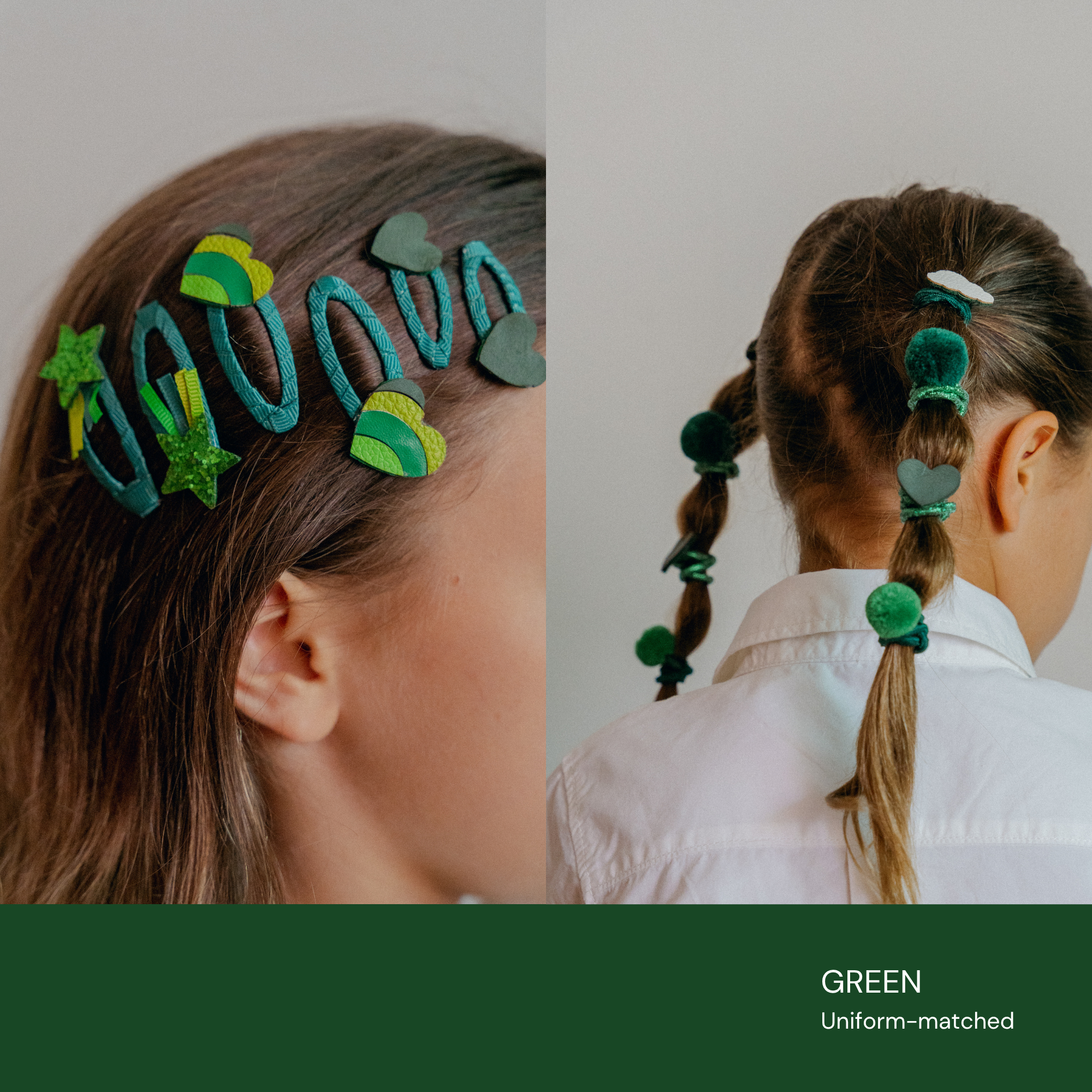 Green School Hair Clips & Bobble Hair Ties Set