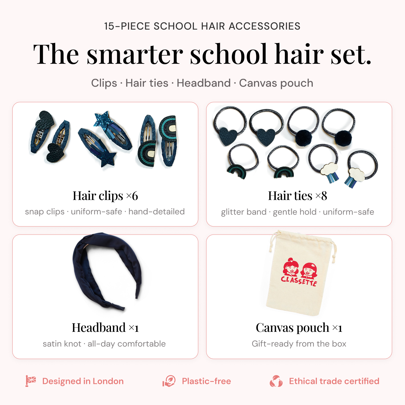 Navy Blue School Hair Clips, Bobble Hair Ties & Headband Set