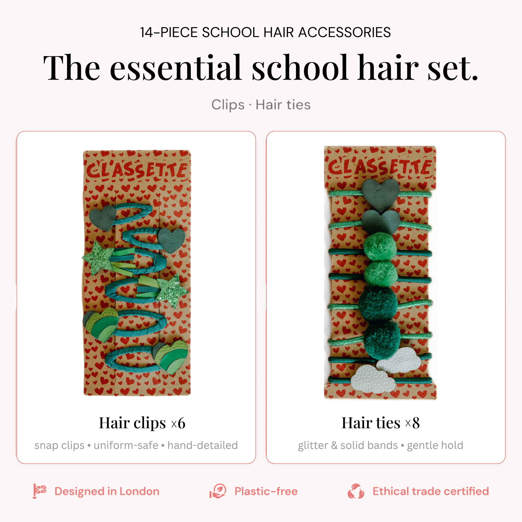 Green School Hair Clips & Bobble Hair Ties Set